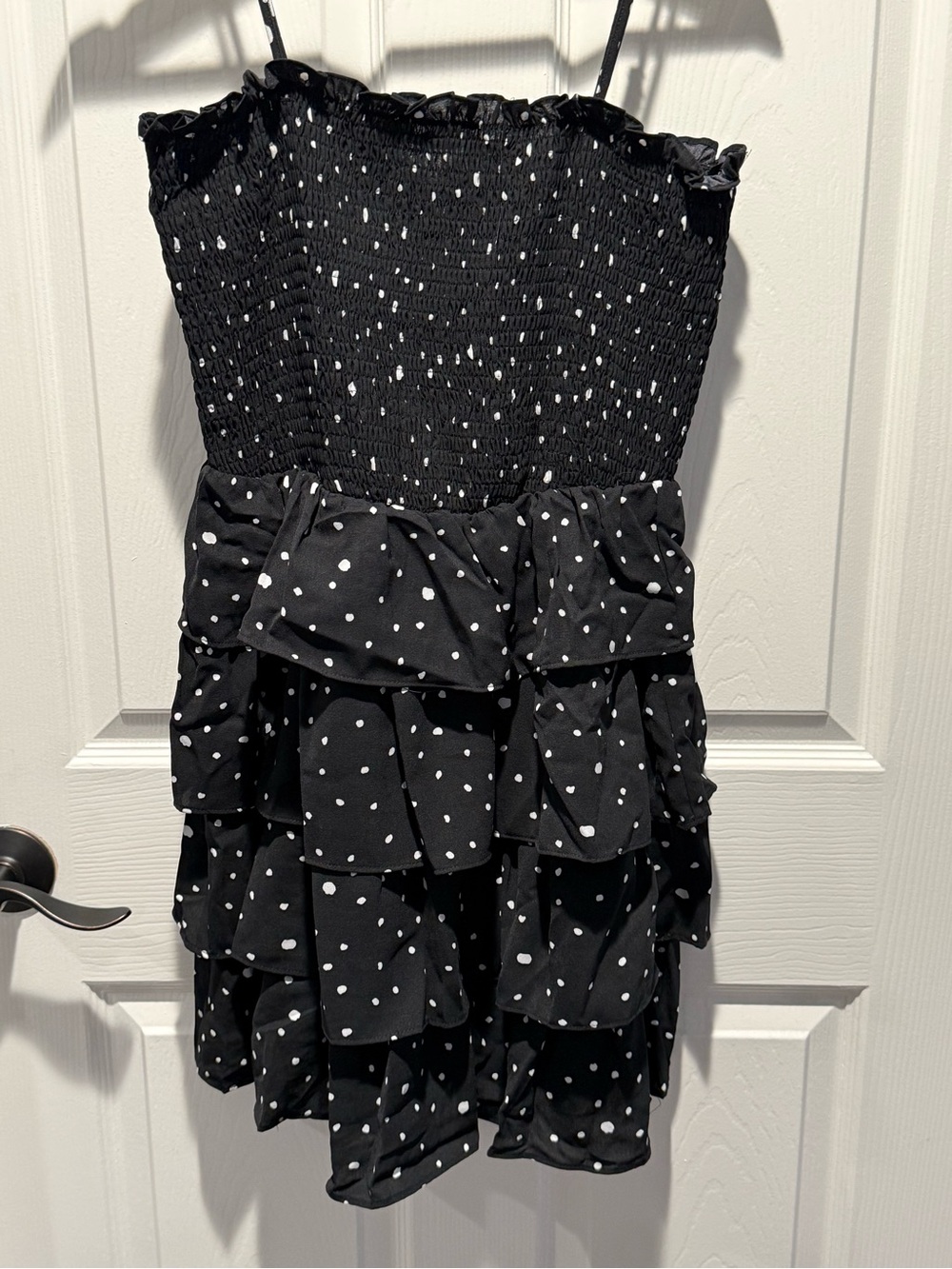 She + Sky Black Polka Dot Smocked Ruffle Mini Dress - Picture 2 of 4